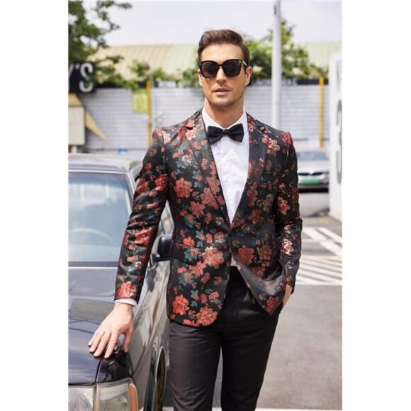 Mens Floral Tuxedo Jackets Slim Fit Suit Blazer Jacket for Dinner Prom Wedding - Picture 2 of 7
